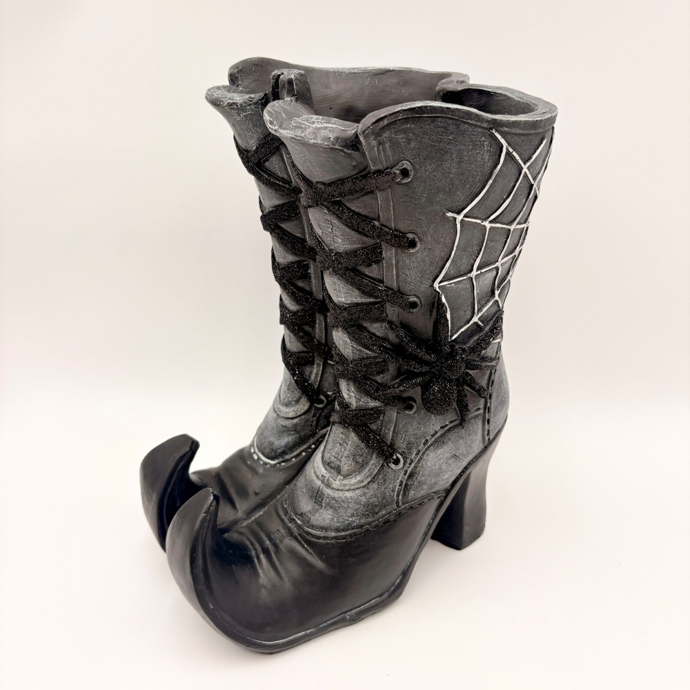 Halloween Witch Boot Tabletop Decor Black Grey Spiderweb Glitter Spider Gothic